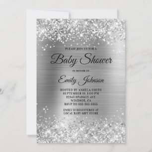 Babydusche Silver Glittery Foil Extravagantes Skri Einladung