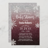 Babydusche Silver Snowflake Burgundy Red Glitzer Einladung (Vorne/Hinten)