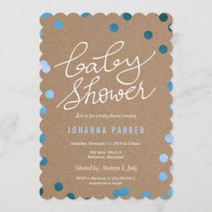 Babydusche Skript Kraft Papier Blue Confetti Einladung