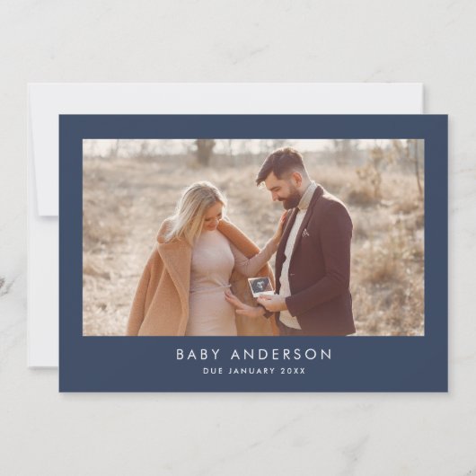 Babydusche-Skript, modernes marineblaues Foto Einladung (Rückseite)