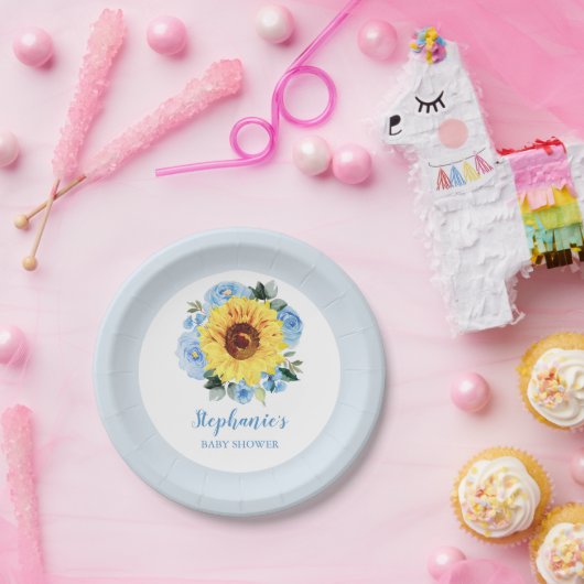 Babydusche Sonnenblume Dusty Blue Floral Pappteller