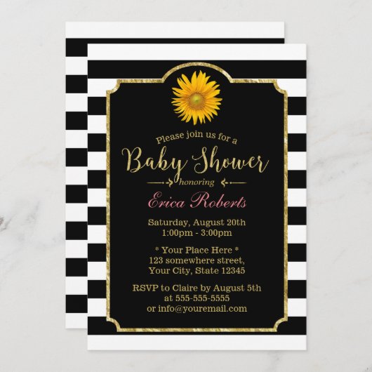 Babydusche Sonnenblume Moderne schwarze und weiße Einladung (Vorne/Hinten)