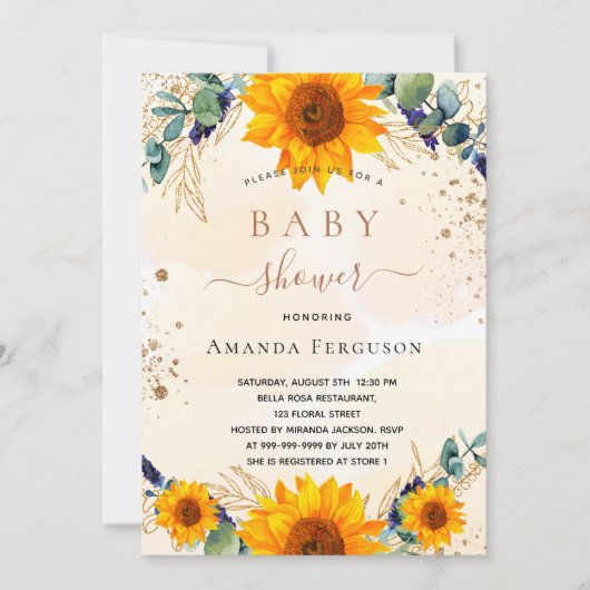 Babydusche Sonnenblumen Eukalyptusgold Glitzer Einladung (Vorderseite)