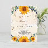 Babydusche Sonnenblumen Eukalyptusgold Glitzer Einladung (Stehend Vorderseite)