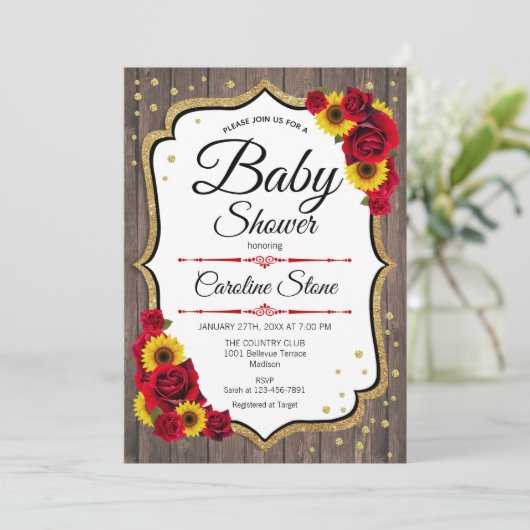 Babydusche - Sonnenblumen Rose Rustikales Holz Einladung (Stehend Vorderseite)