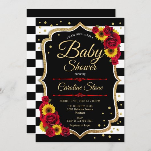 Babydusche - Sonnenblumen Rose Schwarz-weiße Strei Einladung (Vorne/Hinten)
