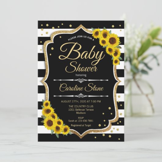 Babydusche - Sonnenblumen Schwarz-weiße Streifen Einladung (Stehend Vorderseite)