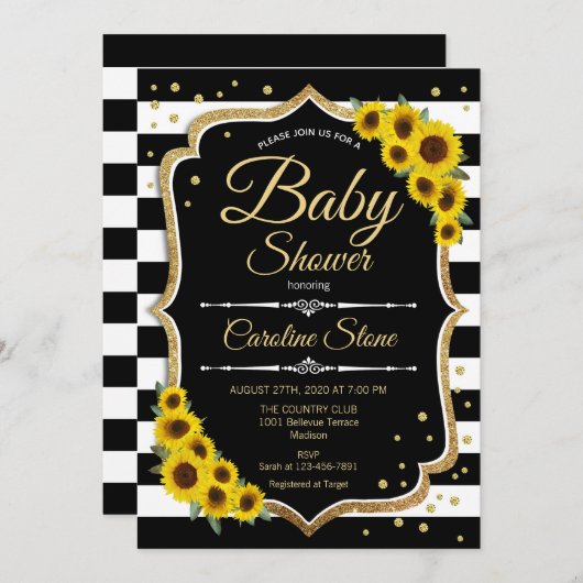 Babydusche - Sonnenblumen Schwarz-weiße Streifen Einladung (Vorne/Hinten)