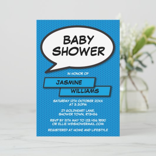 Babydusche Sprinkle Moderner Junge Blauer Spaß Einladung (Stehend Vorderseite)