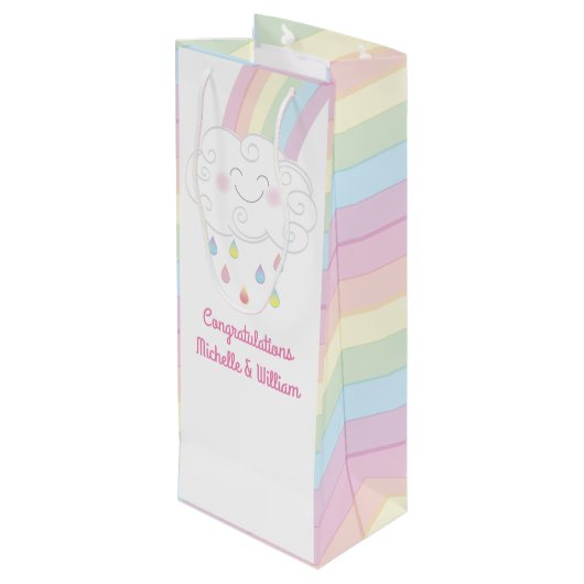Babydusche Sprinkle Rainbow Raindrop Cloud Geschenktüte Für Weinflaschen (Rückseite Schrägansicht)