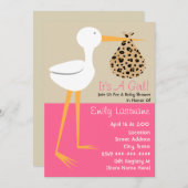 Babydusche - Storch mit Leopard-Druckschale Einladung (Vorne/Hinten)