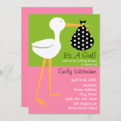 Babydusche - Storch mit Polka Dot Bundle Einladung (Vorne/Hinten)