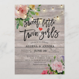Babydusche Sweet Little Twin Girls Blume Wood Einladung