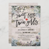 Babydusche Sweet Little Twin Girls Blume Wood Einladung (Vorne/Hinten)