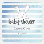 Babydusche Tan White Bunny Blue Strip Quadratischer Aufkleber (Vorderseite)