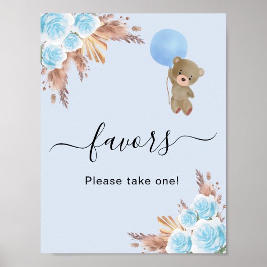 Babydusche Teddy Bär blaue Pampas Gras Gefälligkei Poster (Vorne)