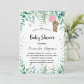 Babydusche Teddy Bär Eukalyptus Rosa Wald Einladung (Stehend Vorderseite)