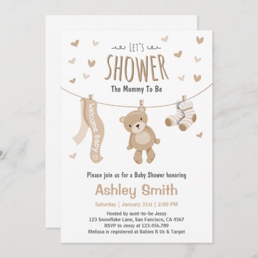 Babydusche Teddy Bären Einladung Brown White (Vorne/Hinten)