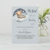 Babydusche Teddy Bärenjunge Blue Cloud niedlich Einladung (Stehend Vorderseite)