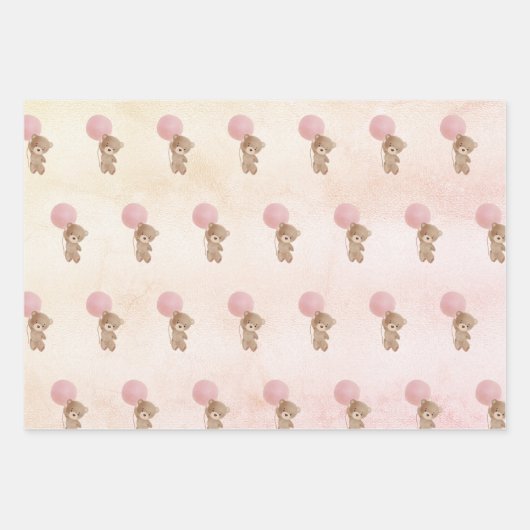 Babydusche Teddy Bärenmädchen Rose Rosa Geschenkpapier Set (Vorderseite)