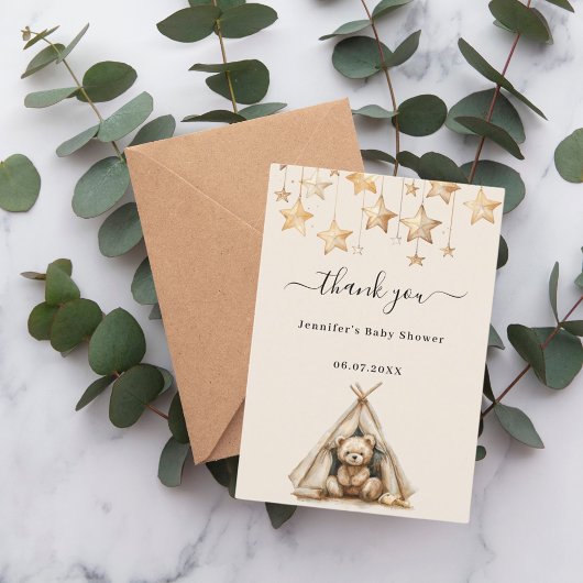 Babydusche Teddy Bärenstars Zeltbeige Dankeskarte