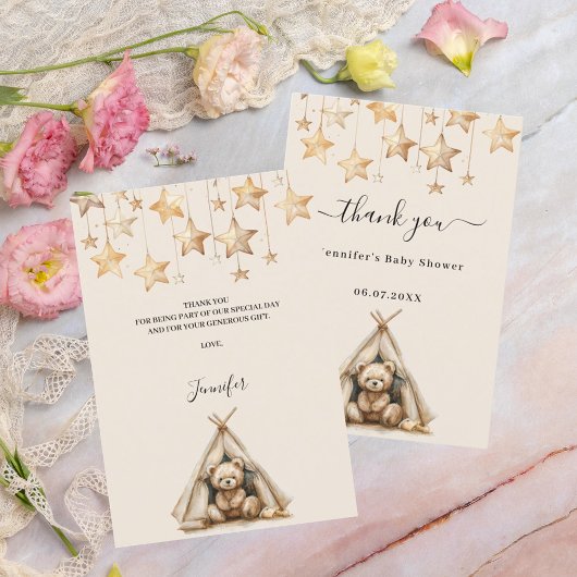 Babydusche Teddy Bärenstars Zeltbeige Dankeskarte
