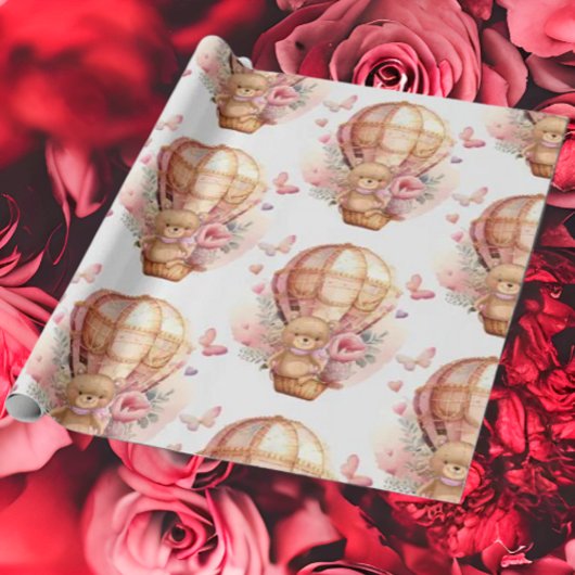 Babydusche Teddy Bear Heißluftballon pink Geschenkpapier