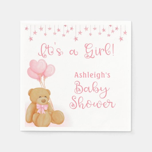Babydusche Teddy Bear Pink Balloons ITS A GIRL Serviette (Vorderseite)