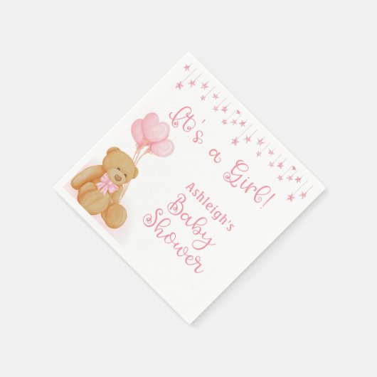 Babydusche Teddy Bear Pink Balloons ITS A GIRL Serviette (Ecke)