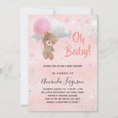 Babydusche Teddybär Mädchen pink silber Luxus Einladung (Vorderseite)