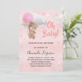 Babydusche Teddybär Mädchen pink silber Luxus Einladung (Stehend Vorderseite)