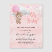 Babydusche Teddybär Mädchen pink silber Luxus Magneteinladung (Vorderseite)