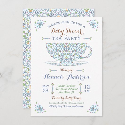 Babydusche Tee Party- Baby Boy II Einladung (Vorne/Hinten)