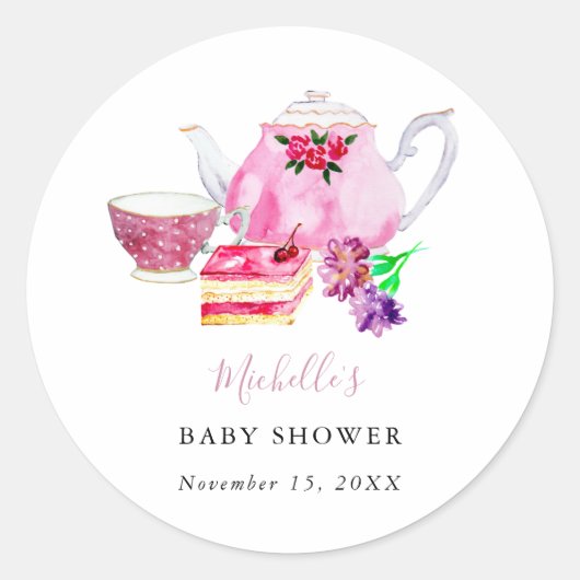 Babydusche Tee Party Dusty Rose Teapot Runder Aufkleber (Vorderseite)