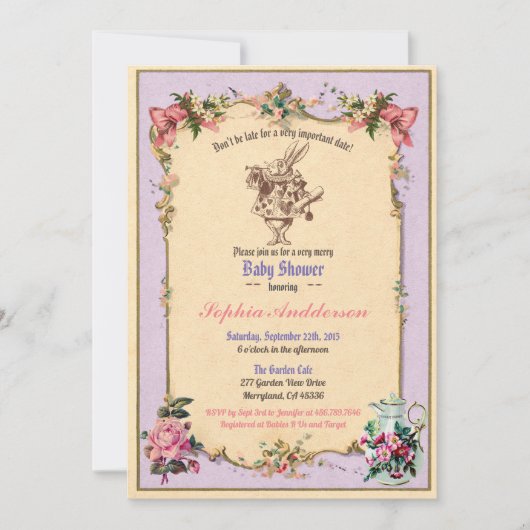 Babydusche Tee Party lila Lila Schluck und sehen Einladung (Vorderseite)