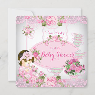 Babydusche Tee Party Vintag Spitze Pink Blütenbrau Einladung