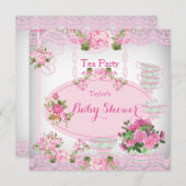 Babydusche Tee Party Vintag Spitze Rosa Blütenblat Einladung (Vorne/Hinten)