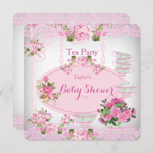 Babydusche Tee Party Vintag Spitze Rosa Blütenblat Einladung (Vorne/Hinten)