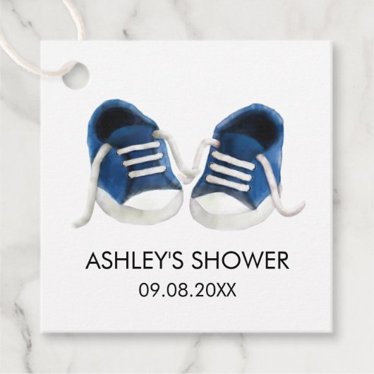Babydusche, Teebecher, Blue Baby Schuhe Geschenkanhänger (Vorderseite)