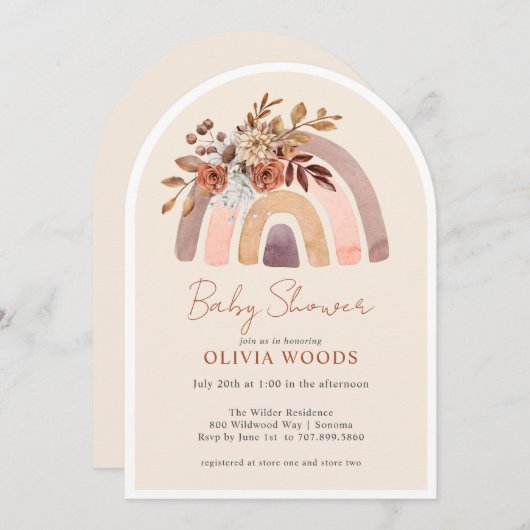 Babydusche Terracotta Boho Wasserfarbe Regenbogen Einladung (Vorne/Hinten)