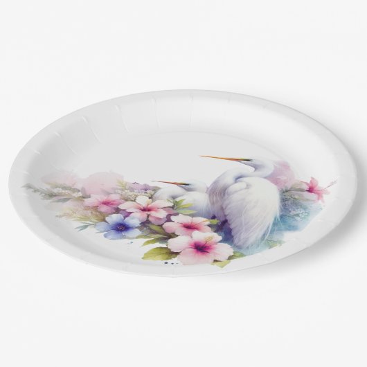 Babydusche Tropical Egret Bird Coastal Pappteller (Schrägansicht)