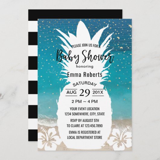 Babydusche Tropische Ananas & Blume Beach Einladung (Vorne/Hinten)