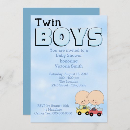 Babydusche Twin Boys Einladung (Vorne/Hinten)