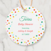 Babydusche Twins farbenfrohe gelbe rote Punkte Geschenkanhänger (Vorderseite)