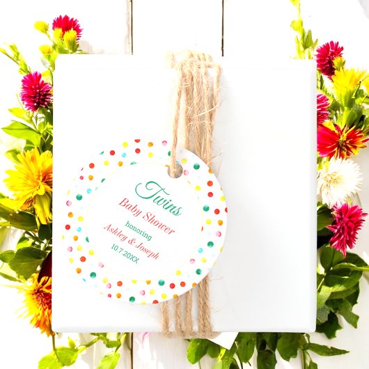 Babydusche Twins farbenfrohe gelbe rote Punkte Geschenkanhänger