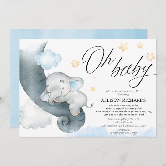 Babydusche über große Entfernungen mit E-Mail-Elef Einladung (Vorne/Hinten)