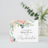 Babydusche Umgekehrt Blush Pink Floral Ankündigungspostkarte (Stehend Vorderseite)