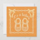 Babydusche Unisex Orange Schuhe und Bogen Einladun Einladung (Vorderseite)