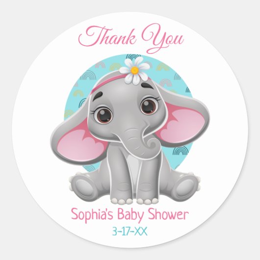Babydusche Vielen Dank Niedlicher Elephant-Name, I Runder Aufkleber (Vorderseite)