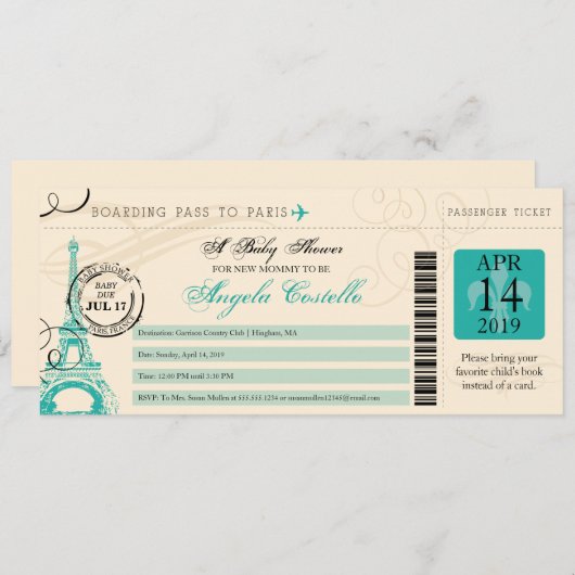 Babydusche Vintag Paris Boarding Pass Einladung (Vorne/Hinten)